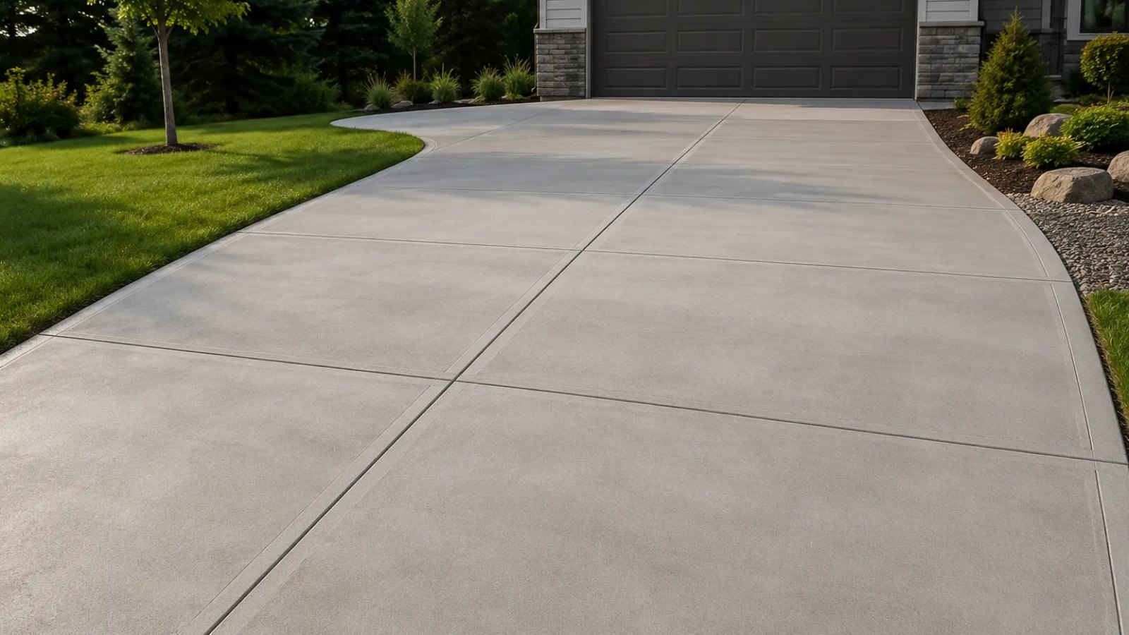 Finished broom-swept concrete driveway curving up to an attached garage